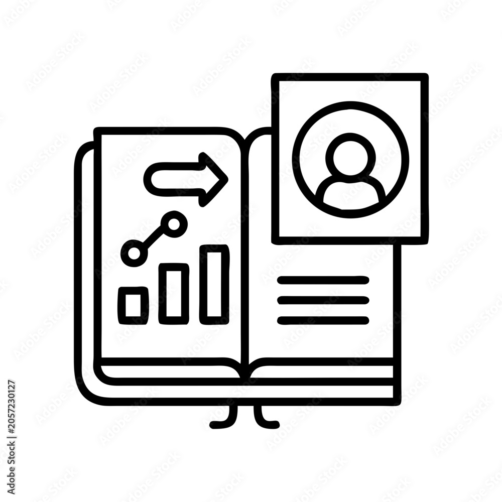 Fototapeta premium Person reading analytics from an open book icon - A clear vector icon showing a person studying data charts in an open book, symbolizing learning and analysis.