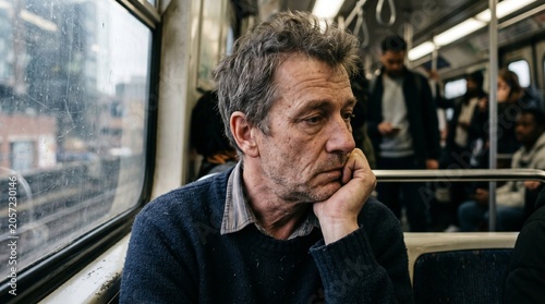 Tired man resting head on hand while sitting on public transport.