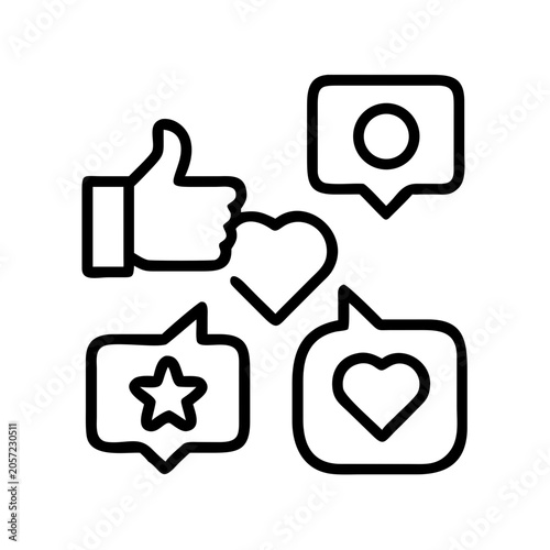 Social media interaction icons with thumbs up and hearts - Minimalist black and white icons showing thumbs up, hearts, and user profile for social media engagement and feedback.