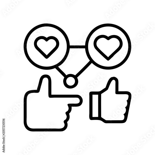Positive thumbs up with connected hearts icon - Minimalist vector icon showing two thumbs up linked by a line to two hearts, symbolizing approval and love connection.