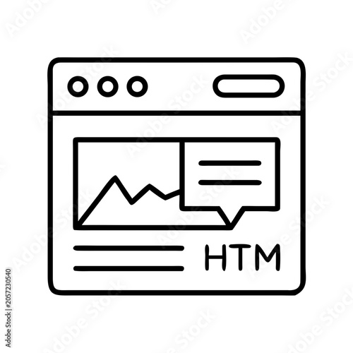 Web browser showing html code and speech bubble - Minimalist icon of a browser window displaying HTML code snippet and a speech bubble with a graph illustration inside.