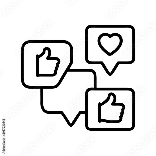 Social media reactions and feedback icons - Minimalist line icons showing social media interaction with thumbs-up, heart, and speech bubbles connected by lines.