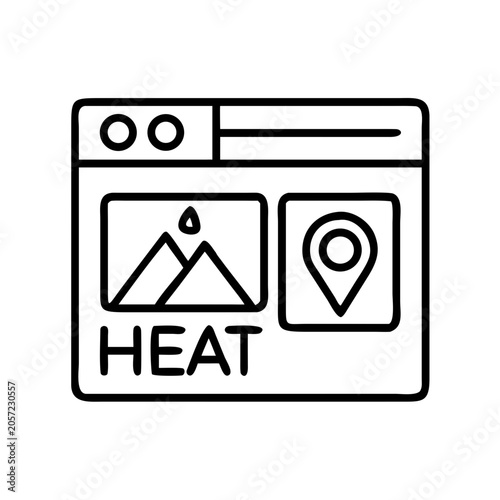 Heat map icon with location pin in browser window - Minimalist vector icon showing a heat map and location pin inside a browser window, perfect for web design and app concepts.