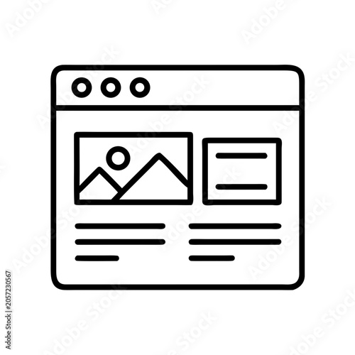 Modern browser window showing website layout - Clean vector illustration of a browser displaying a webpage with image, text, and navigation elements in a minimalist style.