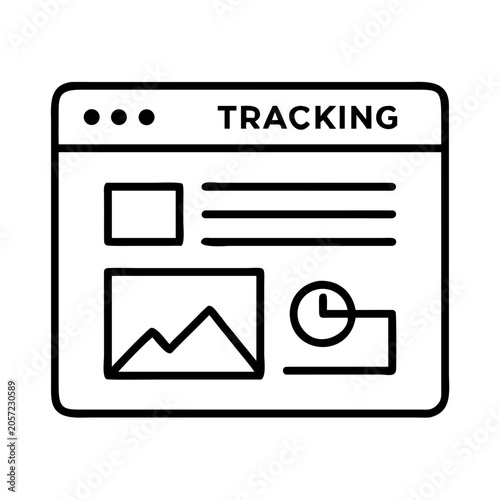 Tracking analytics dashboard interface design - Minimalist tracking dashboard icon showing analytics, charts, and data visualization in a clean browser window style.