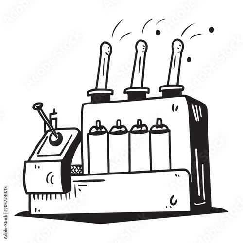 Flat solid black silhouette of a brick coke oven battery with tall chimney stack and pusher ram machine