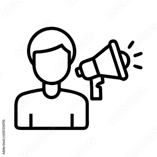 Person speaking into megaphone icon - Minimalist vector icon of a person holding a megaphone, symbolizing announcement or public speaking in a clean, bold style.