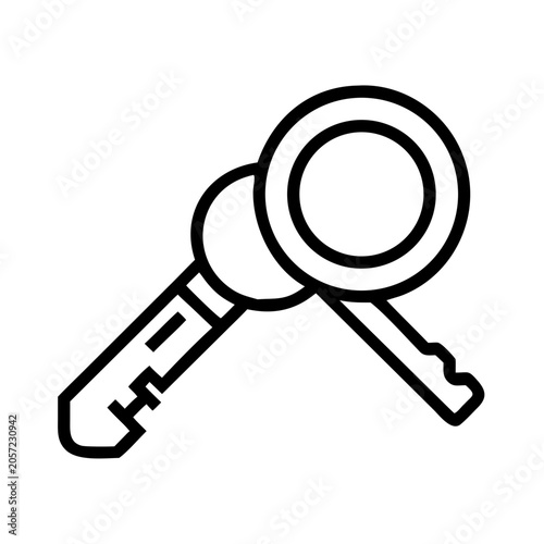 Magnifying glass and key icon combination - Minimalist vector icon showing a magnifying glass and key joined together, symbolizing search, discovery, or access.