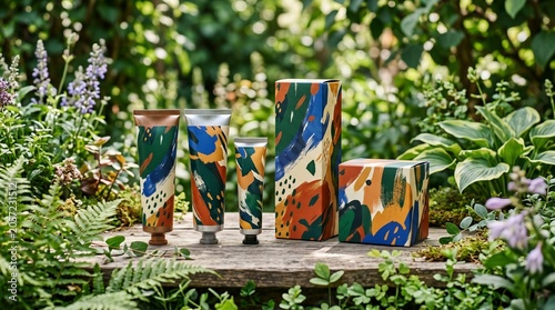Colorful ceramic vases displayed on a wooden bench in a garden.