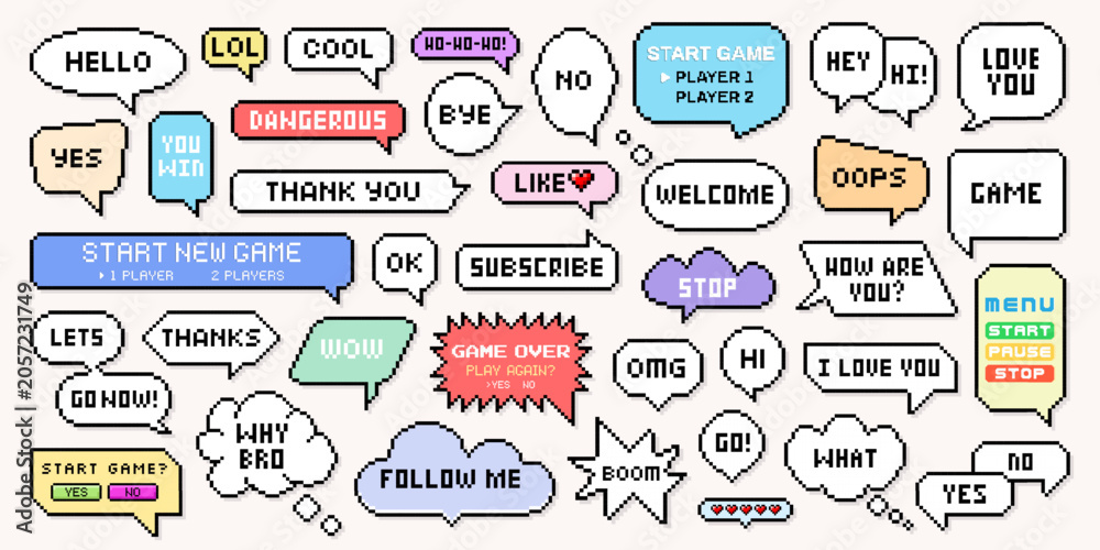 Obraz premium 8 bit pixel dialogue box or speech bubble with comic text and video game icon. Mobile or computer gaming interface, menu button and message frame in star or cloud shape. Business paper sticker symbol.
