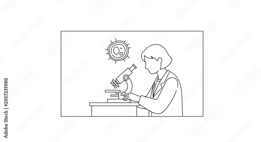 Naklejka premium Scientist examining oxygen molecule under microscope, scientific research, laboratory