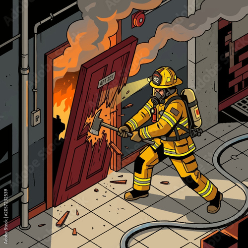 Photos Firefighter in yellow gear extinguishing flames.