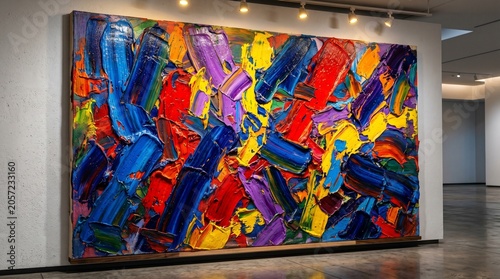 Vibrant abstract painting with bold colors on display in a modern gallery.