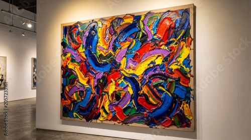Vibrant abstract painting with swirling colorful patterns on gallery wall.