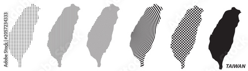 Taiwan map silhouette vector, isolated country outline graphic set, 6 black design templates with dots stripes and checkered patterns, geometric abstract digital layout element