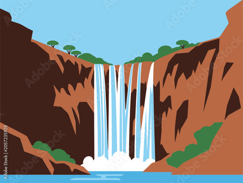 Majestic Waterfall Cascading Between Rocky Cliffs in a Flat Design Nature Scenery Illustration