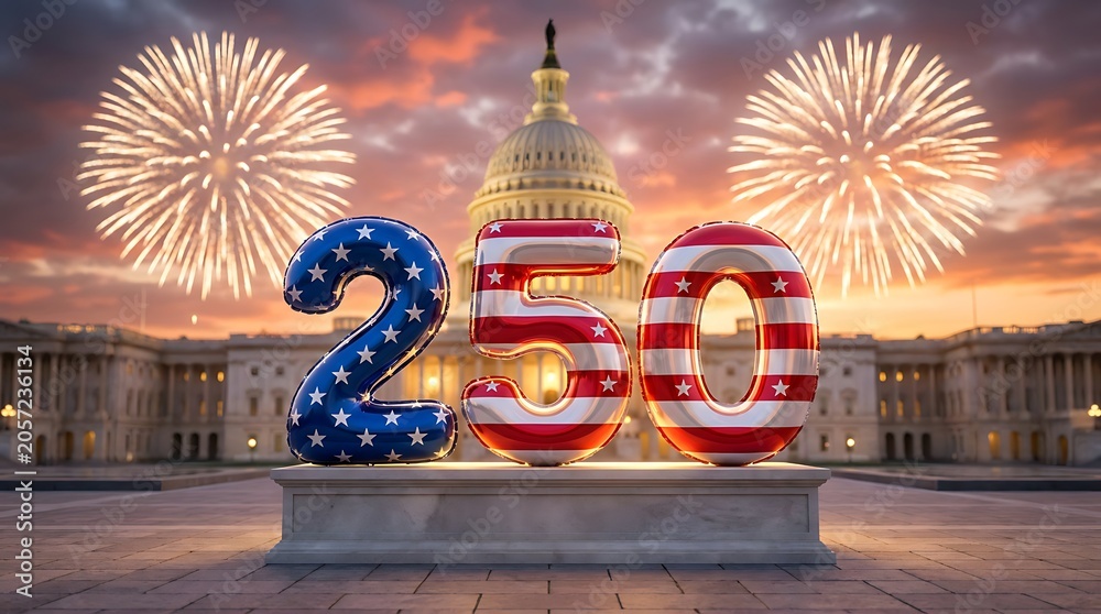 Fototapeta premium United States Capitol building with fireworks in sky and 250 balloons celebrating America's 250th anniversary patriotic holiday celebration liberty and freedom.
