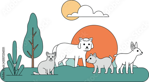 Minimalist Cartoon Animals Together in a Peaceful Natural Landscape Vector