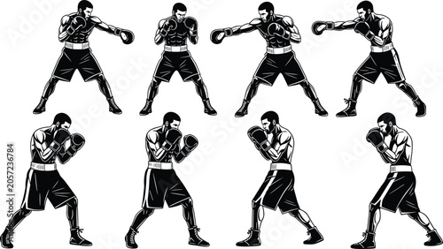 Cuadro en lienzo Black and white boxing illustration set showing athlete performing punches, jabs