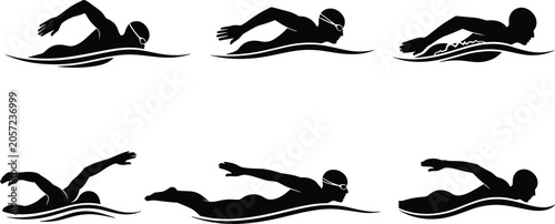 Photos Black silhouettes of swimmers performing freestyle and butterfly strokes with dy