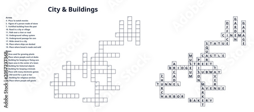 Φωτογραφία Crossword themed City Buildings with clues and solution, printable brain teaser