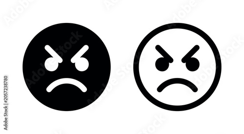 Cuadro en lienzo Two angry face icons, solid black and outline, on white background