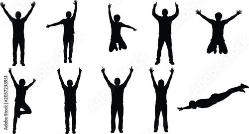 Fotografia Silhouettes of dynamic jumping and celebratory poses, expressing joy, freedom, e