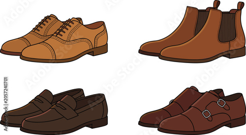Bild auf Leinwand Men classic leather footwear collection featuring tan brogues chelsea boots brown penny loafers and double monk strap shoes vector illustration