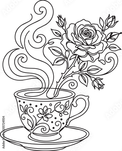 Foto Tea cup, floral design, steaming hot, line art, black and white, vector illustra