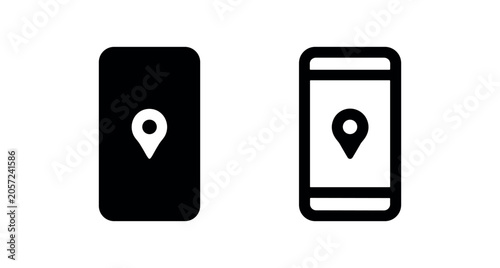 Foto Mobile Phone with Location Pin Icon Set - GPS and Navigation App Symbol