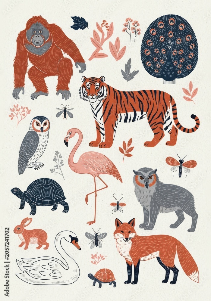 Fototapeta premium Hand-Drawn Vintage Style Wildlife Illustration Set with Tiger, Orangutan, Fox, and Exotic Birds for Nature Design