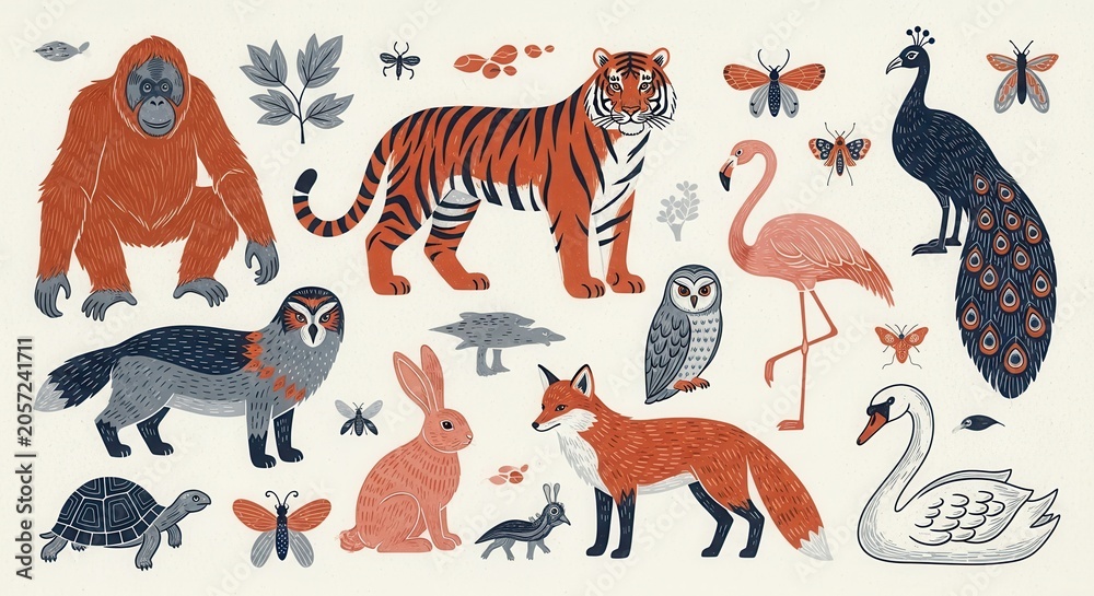 Fototapeta premium Whimsical Folk Art Style Wild Animal Illustrations Featuring Tiger, Orangutan, Flamingo, Fox and Peacock