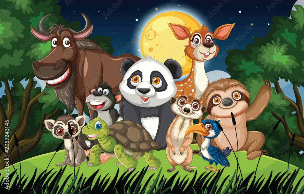 Fototapeta premium Group of Cartoon Forest Animals Under Full Moon at Night