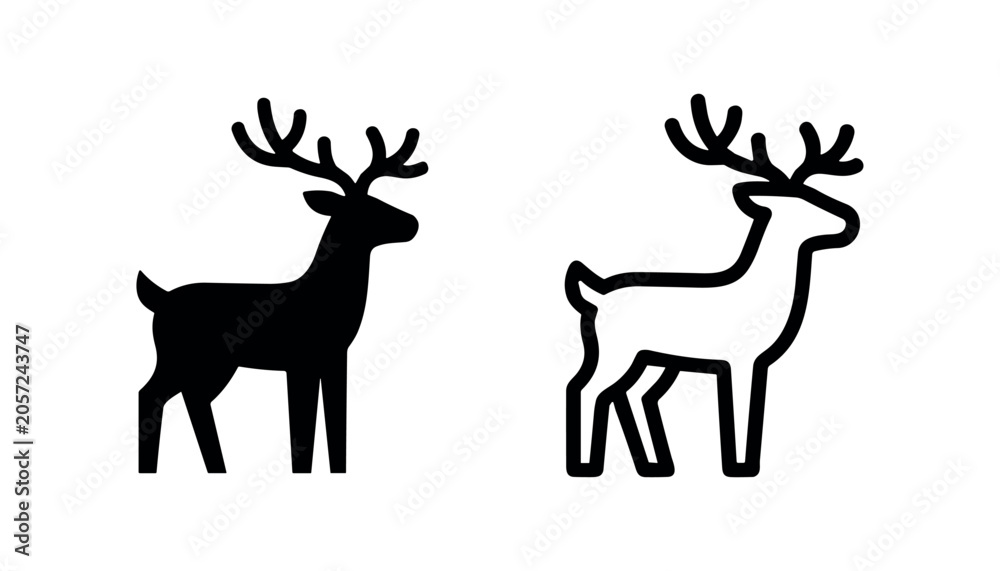Naklejka premium Reindeer icon, stag symbol, black and outline, isolated on white background