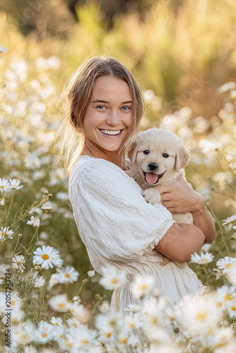 Smiling Girl Holding a Golden Retriever Puppy in a Flower Garden