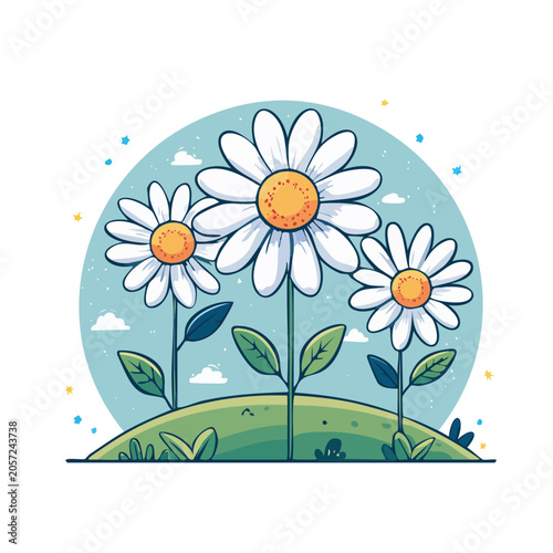 Flat design daisy flower illustration with sun and grass