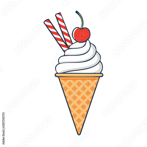 Flat design ice cream cone with cherry