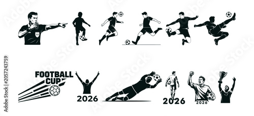 Black silhouettes of soccer players isolated on transparent background