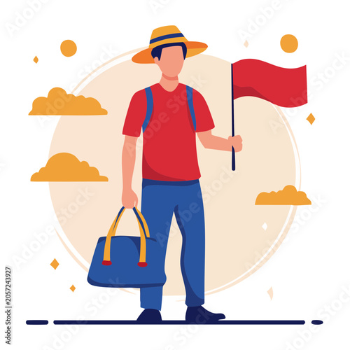 Flat design vector of construction worker with toolbox