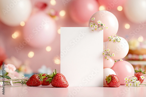 Blank Greeting Card Mockup with Heart Balloons and Strawberries