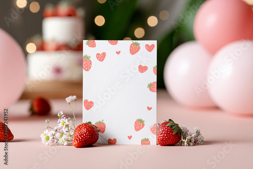 Blank Strawberry Greeting Card Mockup with Balloons and Cake