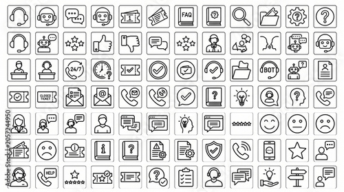 A collection of various icons depicting people communication technology emotions and objects.