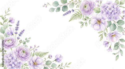 Watercolor Floral Wreath with Purple Flowers and Green Leaves on White Background