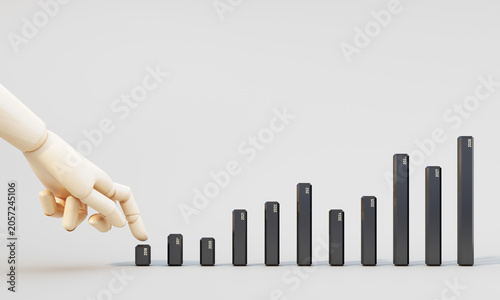 3d rendering of a wooden hand pointing to a rising black transparent bar chart on a white background, symbolizing investment growth and positive financial performance.