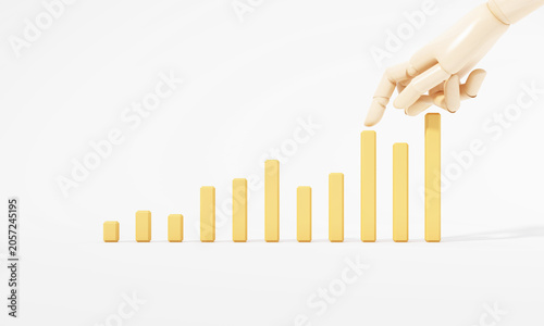 3d rendering of a wooden hand pointing to a rising yellow bar chart on a white background, symbolizing investment growth and positive financial performance.