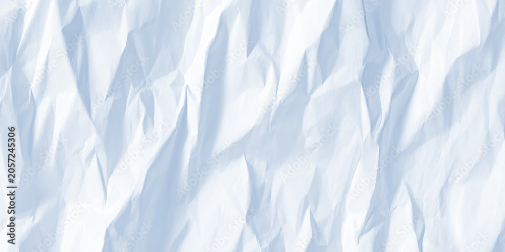 Obraz premium Crumpled white paper texture background with soft blue shadows and creases