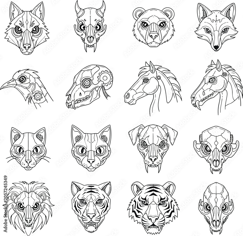 Obraz premium Mechanical Animal Head Collection as Vector Line Art for Design Projects art-109