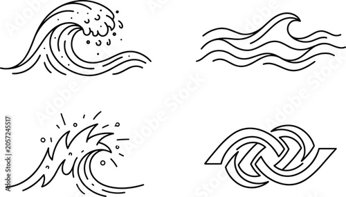 Black line ocean wave icon set featuring curling surf sea splash tidal crest and geometric water loop symbols vector illustration