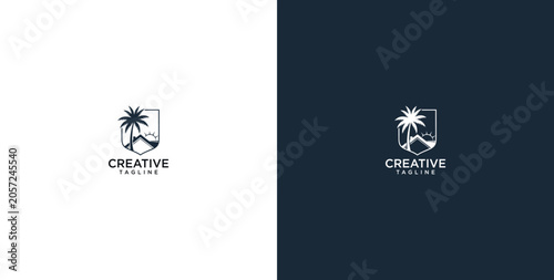 Canvas Print Tropical island travel logo design featuring a prominent palm tree silhouette wi