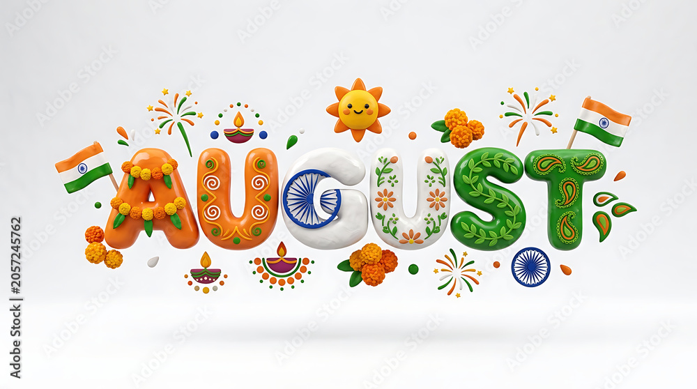 Fototapeta premium Festive colorful depiction of the word 'AUGUST' adorned with fireworks, Indian flags, flowers, and cheerful symbols celebrating